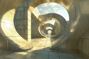 Obraz premium Circular stone pathway, futuristic architecture, sunny sky, design concept