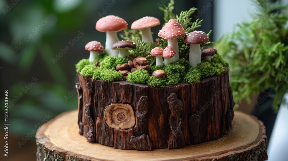 Wall mural Whimsical mushroom and moss cake on wood.