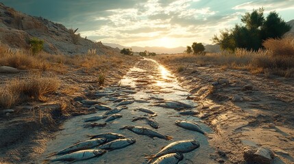 Dying Fish in a Dried-Up Riverbed: A Stark Reminder of Water Scarcity and Pollution
