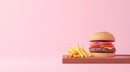 Cheeseburger fries pink background food menu design