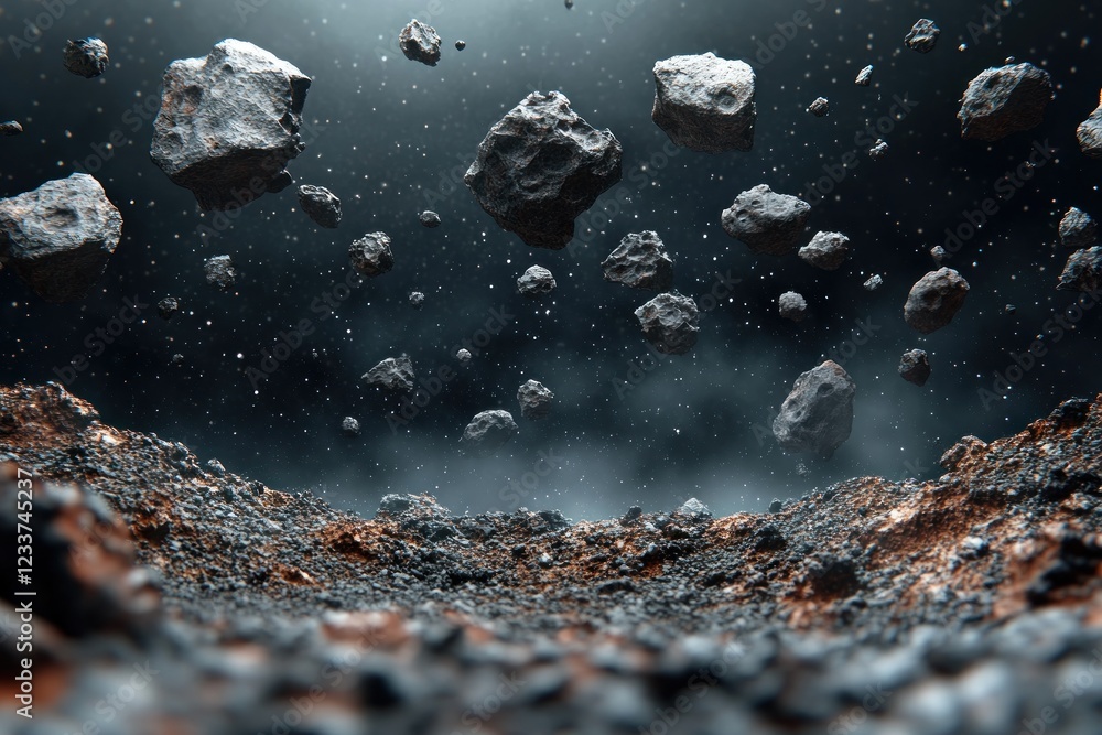 Poster asteroid field in space with cosmic dust and rocks floating