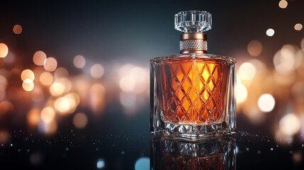Decanter of Amber Liquid: A sophisticated decanter filled with an amber liquid sits on a reflective surface against a bokeh background of warm, golden lights.