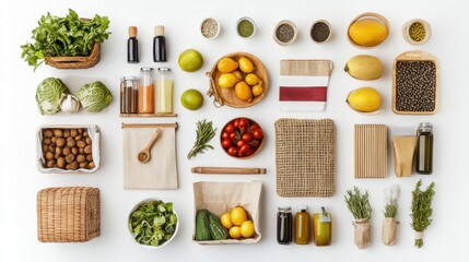 A collection of vibrant organic products arranged on a white background, highlighting fresh and healthy grocery options.