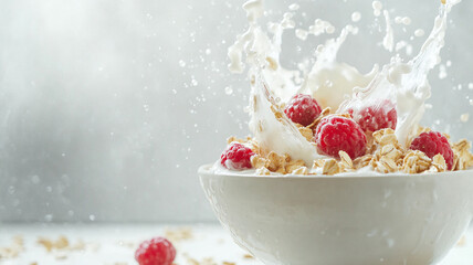 Raspberry Delight: A bowl of oatmeal overflows with plump, juicy raspberries,  a cascade of milk splashing in a captivating moment of deliciousness.  