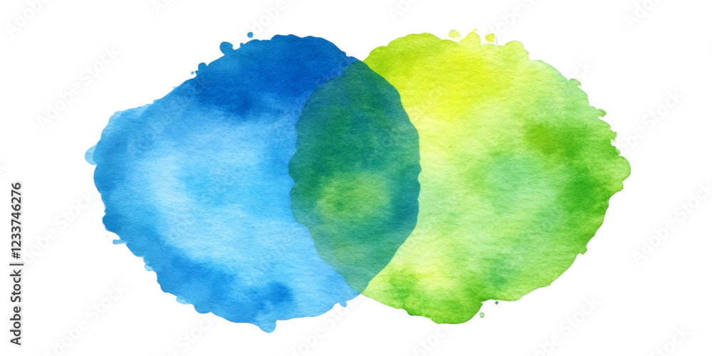Poster watercolor stains creating a gradient of color from blue to green on a transparent background
