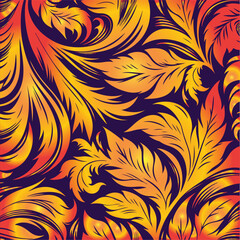 Ornate gold and orange floral pattern on a deep purple background.