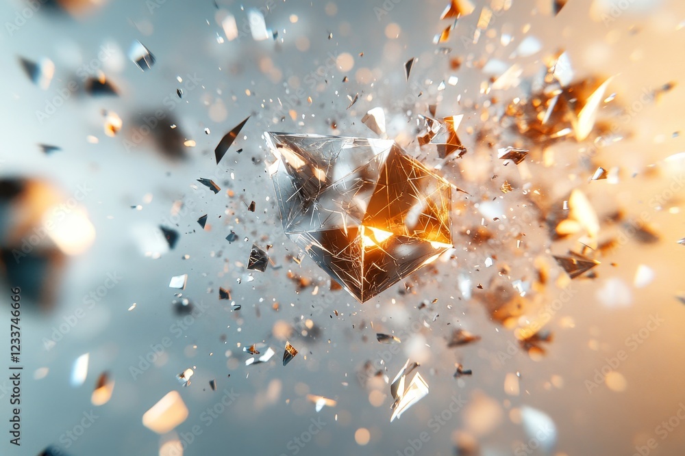 Poster abstract 3d rendering of shattered geometric spheres. flying fragments with metallic textures., gene