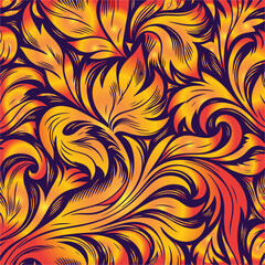 Ornate gold and orange floral pattern on a deep purple background.