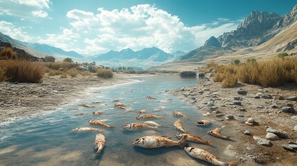 Dying Fish in a Dried-Up Riverbed: A Stark Reminder of Water Scarcity and Pollution