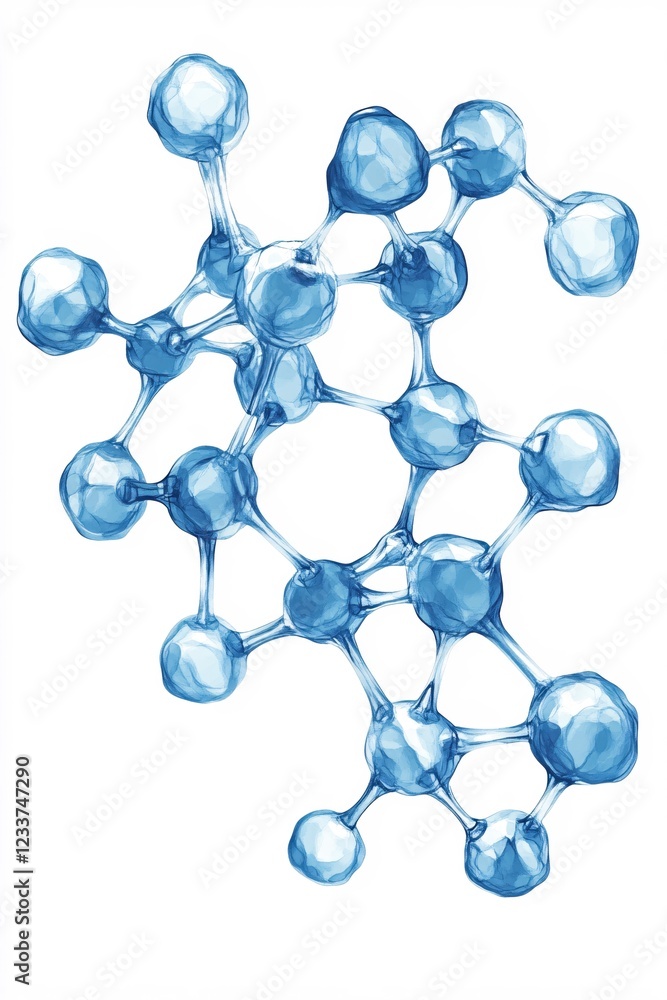 Poster abstract blue molecule structure with transparent spheres and connecting lines on white background