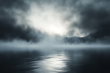 Fototapeta premium Dark foggy landscape reflection nature clouds.