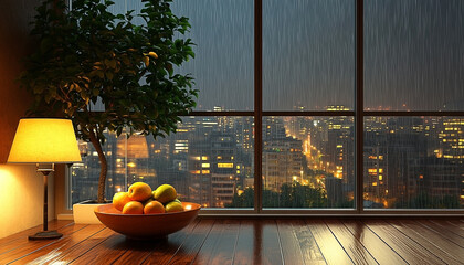 Cozy indoor scene with rain falling outside large window overlooking city at night