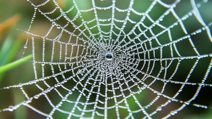 Obraz premium Dew-Kissed Spiderweb: A mesmerizing close-up shot of a spiderweb glistening with morning dew, intricate details and delicate strands highlighted against a soft green bokeh background.