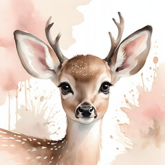 Watercolor illustration of a young deer with soft brown fur and gentle eyes. Aesthetic wildlife art with pastel splashes, perfect for nursery decor, prints, and nature-themed designs.