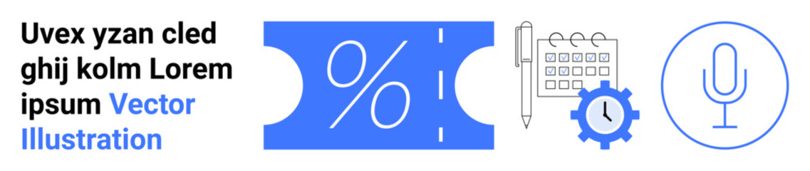 Blue discount coupon with percentage symbol alongside calendar, gear, pen, and microphone. Ideal for scheduling, marketing, productivity tools, promotions, organization retail strategies abstract