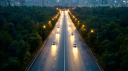 Night highway traffic, city skyline, tree-lined road, aerial view