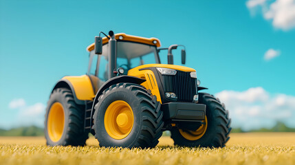 Obraz premium Yellow tractor in a field, sunny day, agriculture