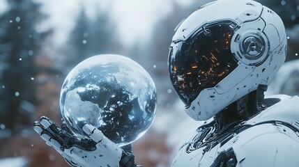 Futuristic AI Robot Contemplating Frosty Earth: Reflections on Environmental Impact in the Digital Age