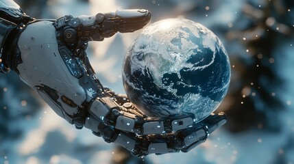 Futuristic AI Robot Contemplating Frosty Earth: Reflections on Environmental Impact in the Digital Age