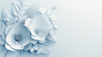 A delicate paper cut decoration featuring blooming white flowers arranged in the left corner of a light background.
