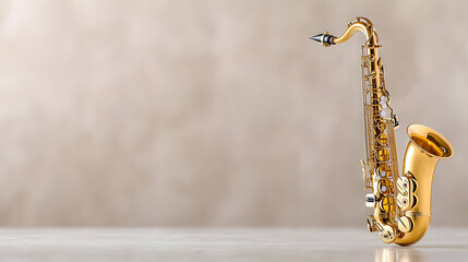 Gold saxophone on table, neutral background, music concept, website banner