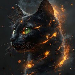 Metal cat head with glowing green eyes its mane flickering as delicate yellow flames surrounded by a swirl of smoke set on a black background Hyperrealistic details dark mood 4k resolution