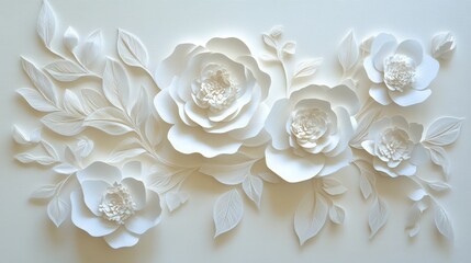 A delicate paper cut decoration featuring blooming white flowers arranged in the left corner of a light background.