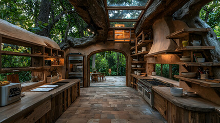 Fototapeta premium Rustic treehouse kitchen, outdoor dining, lush garden