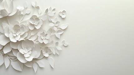 A delicate paper cut decoration featuring blooming white flowers arranged in the left corner of a light background.