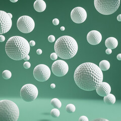 Golf Ball Shower: A vibrant green background bursts with a dynamic shower of white golf balls, capturing the thrill and energy of a perfect swing. The image creates a sense of motion and excitement.