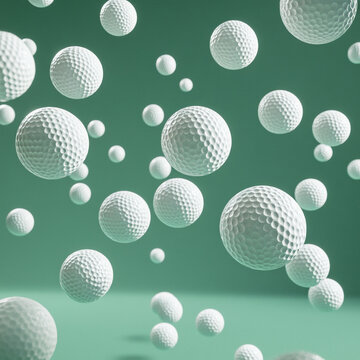 Golf Ball Shower: A vibrant green background bursts with a dynamic shower of white golf balls, capturing the thrill and energy of a perfect swing. The image creates a sense of motion and excitement.