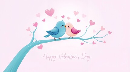 Happy Valentine's day background with two birds kissing each other on a tree branch 