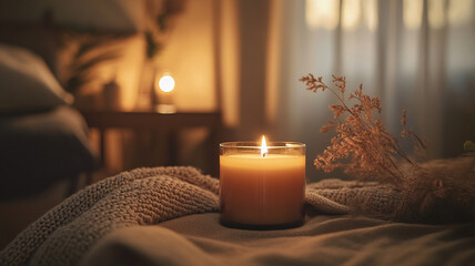 Candlelight Comfort: A single, flickering candle illuminates a cozy bedroom scene, casting a warm, inviting glow on a soft blanket and dried pampas grass.  The soft.