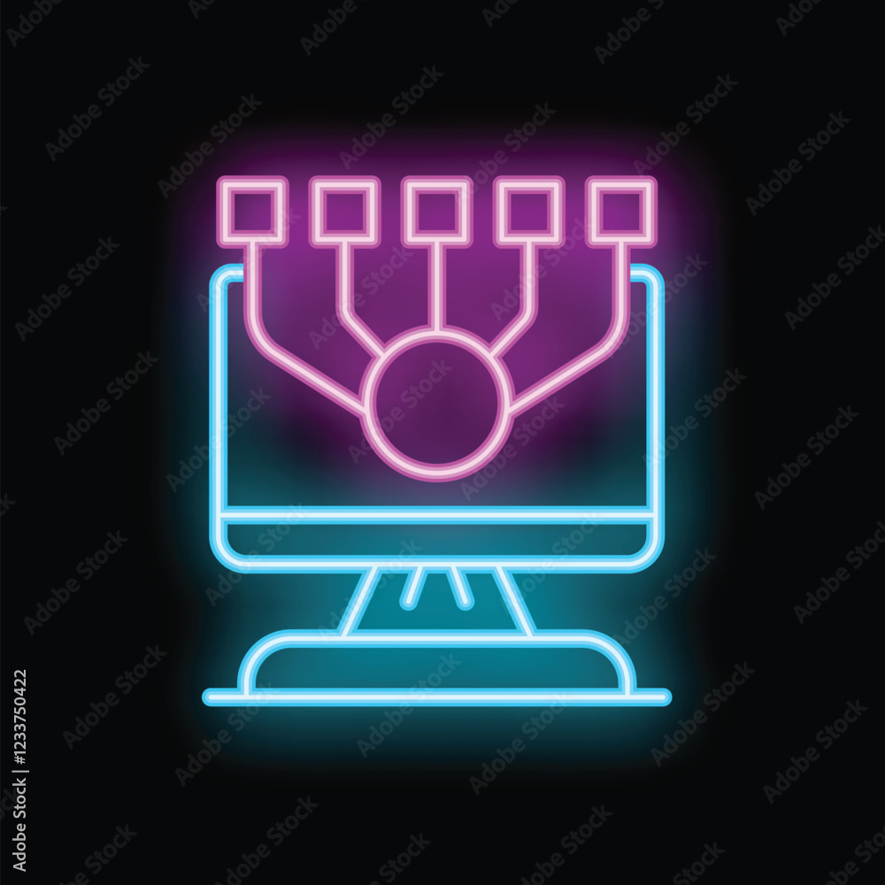 Poster glowing neon icon of a computer monitor with a network hub and connected devices, representing netwo
