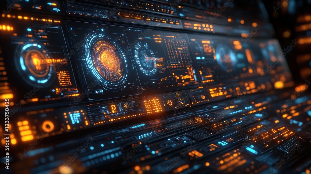 Poster futuristic control panel with glowing interfaces and data visuals