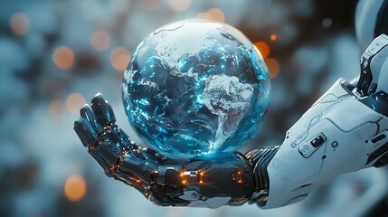 Futuristic AI Robot Contemplating Frosty Earth: Reflections on Environmental Impact in the Digital Age