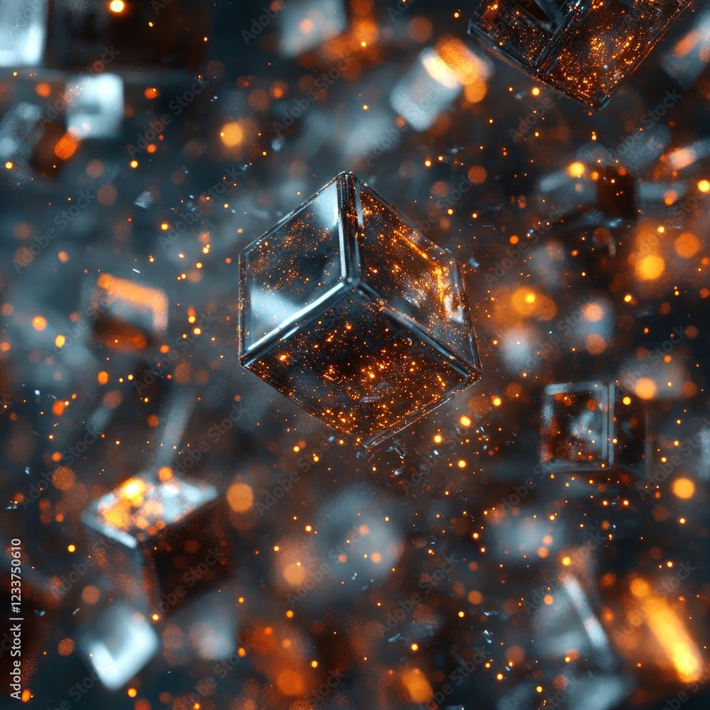 Poster abstract 3d rendering of chaotic polygonal surfaces. glossy low-poly metallic shapes in motion., gen