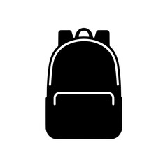 Backpack Icon: A simple, bold black silhouette of a classic backpack, ideal for school, travel, or outdoor adventure themes. This vector illustration is perfect for website icons, app design.