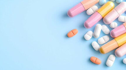 Colorful pills and capsules on blue background, healthcare concept