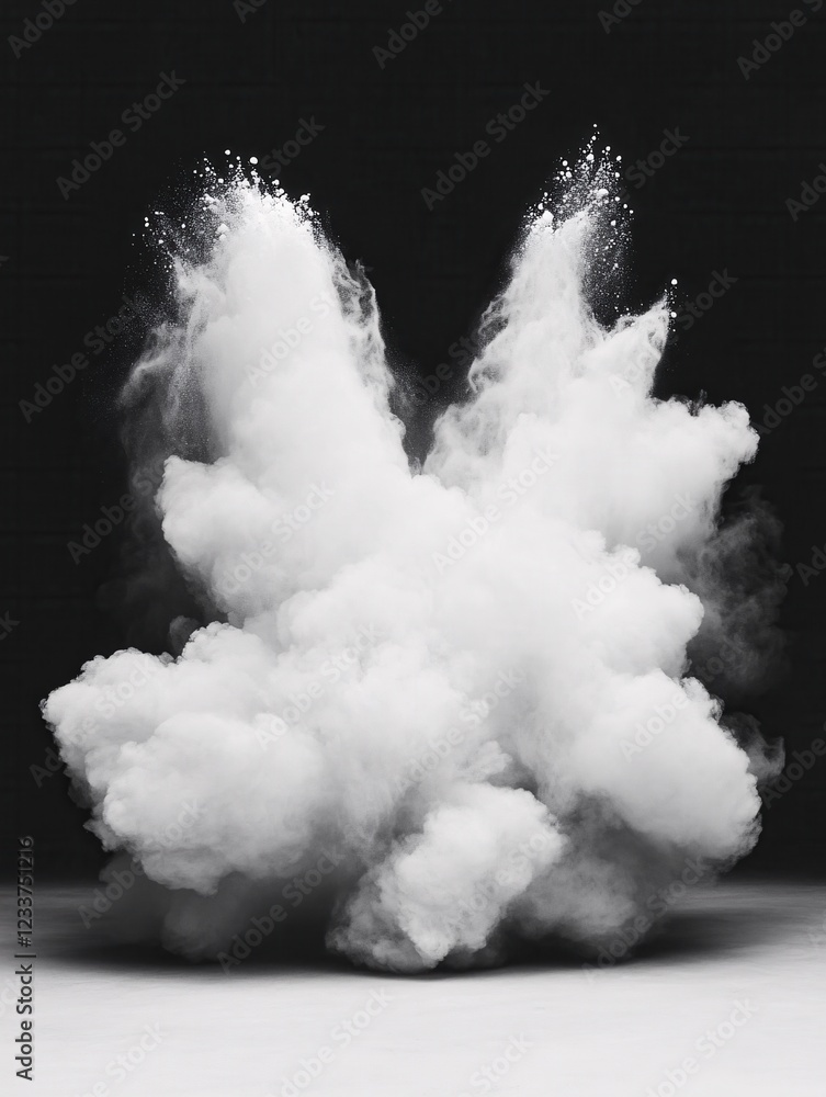 Poster white powder explosion against dark background creating abstract cloud shape in monochrome style