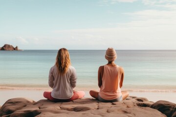 Fototapeta premium Female friends sitting in a lotus pose meditating vacation sports.