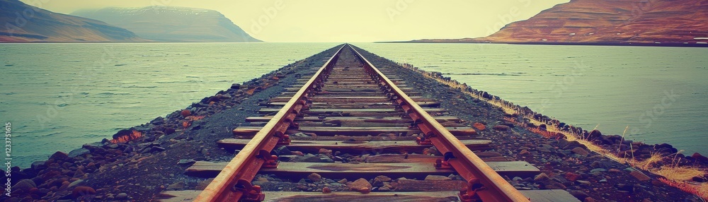 Poster a serene view of railway tracks extending towards the horizon, bordered by water and mountains, crea