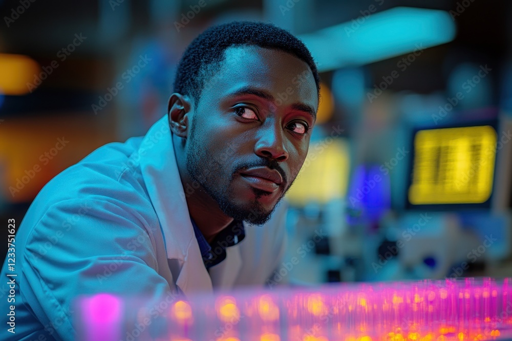 Poster scientist analyzing data in a laboratory with colorful equipment