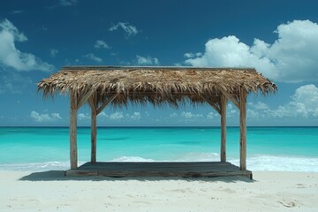 A beach hut with a thatched roof overlooking a tranquil turquoise sea and blue sky.