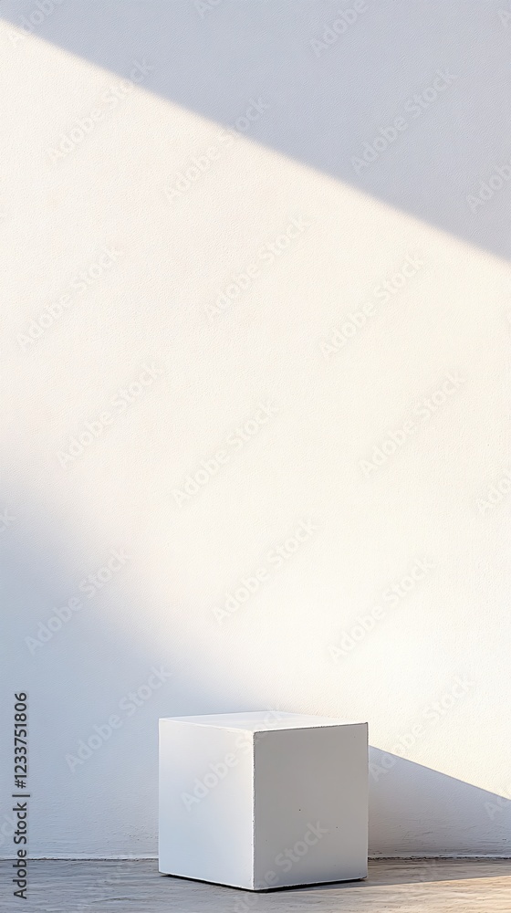 Poster white cube on floor against wall with light and shadow creating a minimalist scene