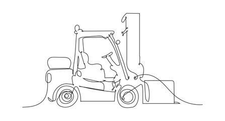Naklejka premium Continuous one line drawing of a forklift. Minimalist black and white lift truck illustration for logistics, warehouse, and shipping industry concepts.