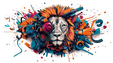 Vibrant lion illustration surrounded by colorful abstract shapes and artistic elements