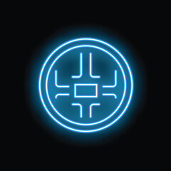 Glowing neon blue cpu microchip icon on a black background