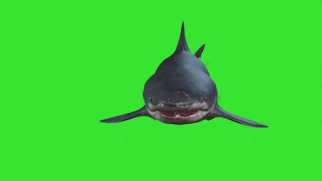 Front view shark coming towards green screen or chroma key video clip motion art