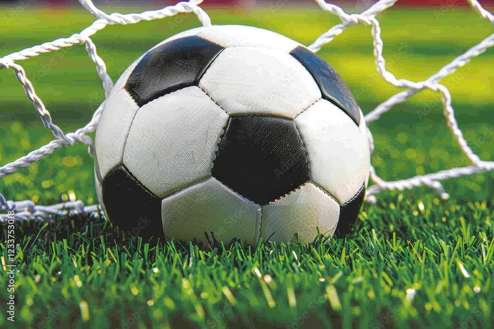 Poster a close-up of a soccer ball resting in the net on a grassy field, symbolizing a goal in the game of 